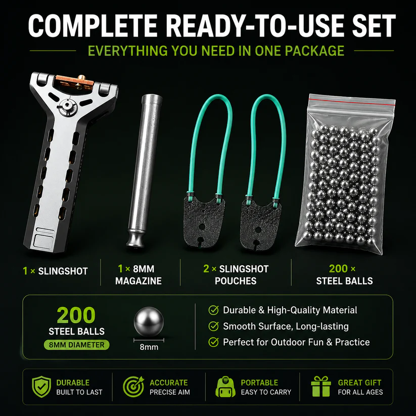 🔥Limited-Time 50% OFF&Free Shipping✨Professional Telescopic Aluminum Alloy Auto-Loading Slingshot Full Kit (200 Steel Balls)