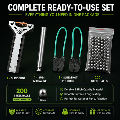 🔥Limited-Time 50% OFF&Free Shipping✨Professional Telescopic Aluminum Alloy Auto-Loading Slingshot Full Kit (200 Steel Balls)
