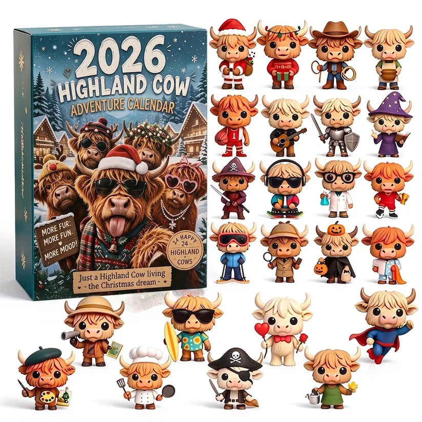2026 Highland Cow Advent Calendar with collectible cow figures