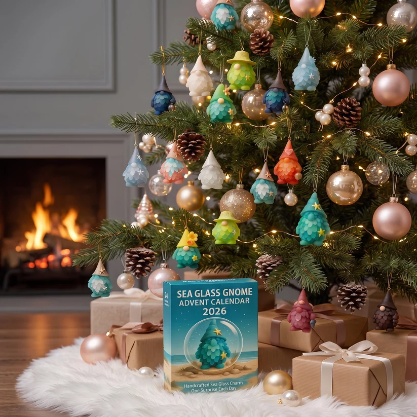 Sea glass gnome ornaments displayed on a Christmas tree