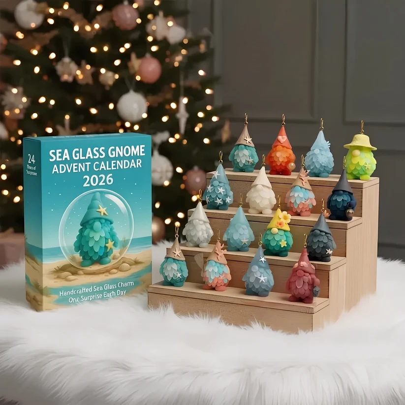 Sea glass gnome advent calendar and collectible gnome display