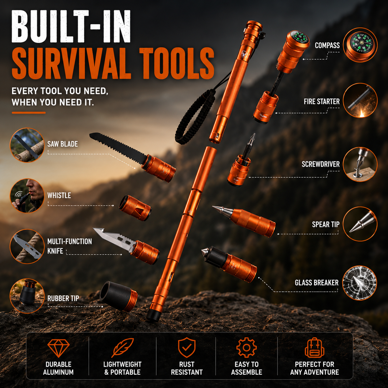 🚨 LAST DAY 40% OFF | TerraTactic™ Tactical TrekkingStaff - DetachableSurvival System